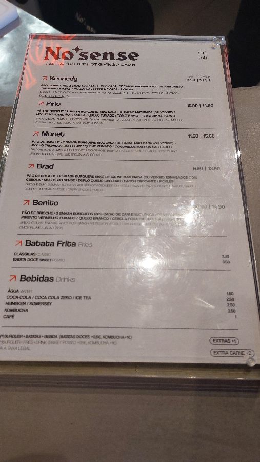 No Sense의 메뉴판