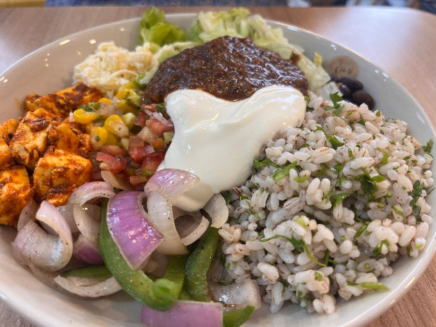 풍성한 재료의 파니르 부리토 볼