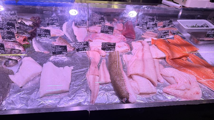 다양한 해산물이 진열된 쇼케이스