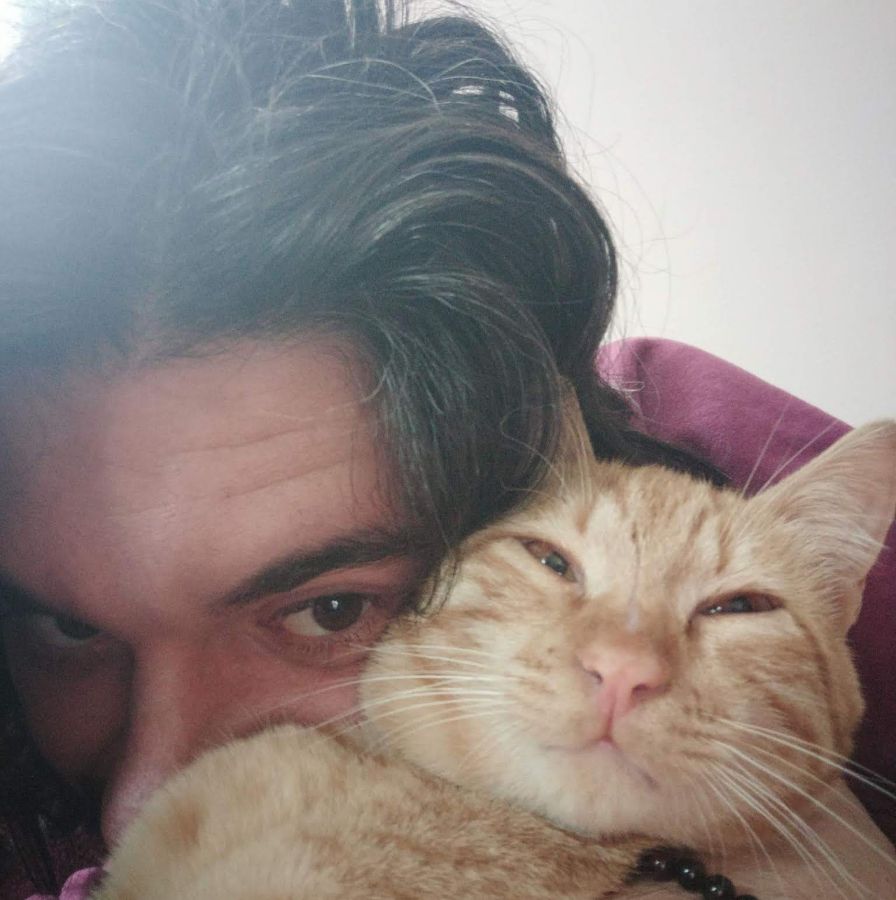 사람과 고양이가 얼굴을 맞대고 있는 사진