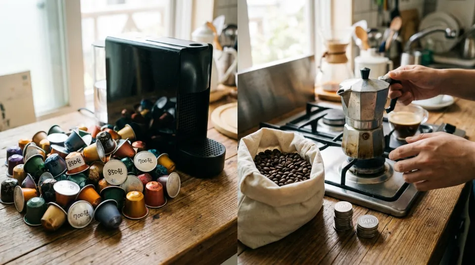 좌측에는 비싼 가격표가 붙은 커피 캡슐 더미, 우측에는 원두 가루와 모카포트 옆에 절약된 동전이 쌓여 있는 비교 이미지