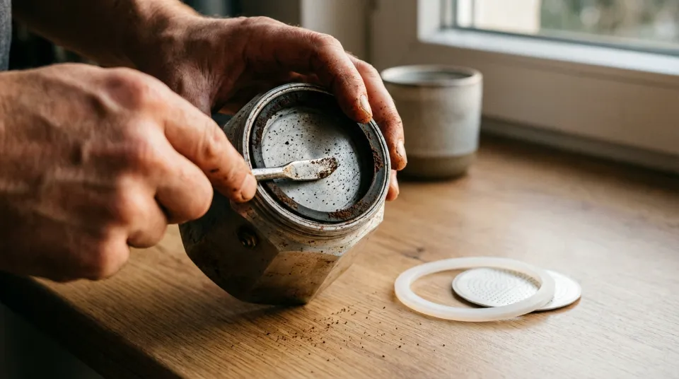 모카포트 상단부 밑면에서 낡은 고무 가스켓을 도구로 제거하는 손 동작과 교체용 새 실리콘 가스켓의 클로즈업 사진