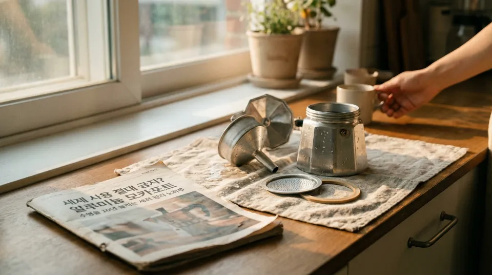 햇살이 들어오는 창가 앞 리넨 천 위에서 분리된 채 건조되고 있는 알루미늄 모카포트 부품들의 깨끗한 모습