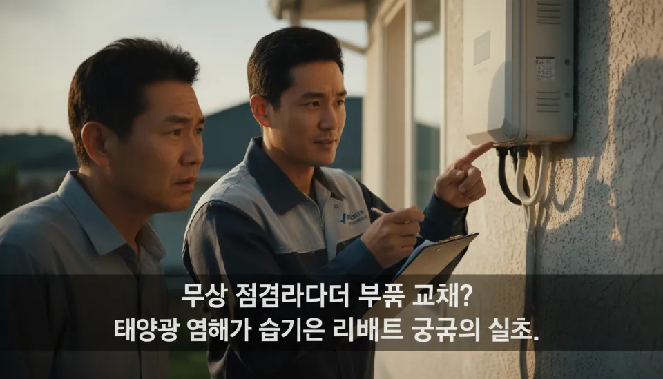 주택 외벽에 설치된 태양광 인버터를 가리키며 집주인에게 심각한 표정으로 부품 교체를 권유하는 점검 기사의 모습과 고민하는 집주인