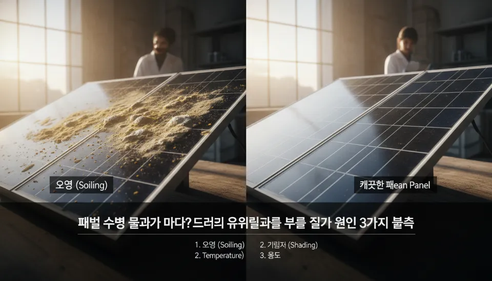태양광 패널 표면에 쌓인 먼지와 조류 배설물이 햇빛을 차단하여 발전 효율을 떨어뜨리는 소일링 현상을 비교 분석한 인포그래픽