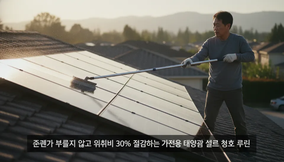 이른 아침 옥상에서 길이 조절형 밀대와 부드러운 브러시를 이용해 안전하게 태양광 패널을 물청소하여 광택이 나는 모습