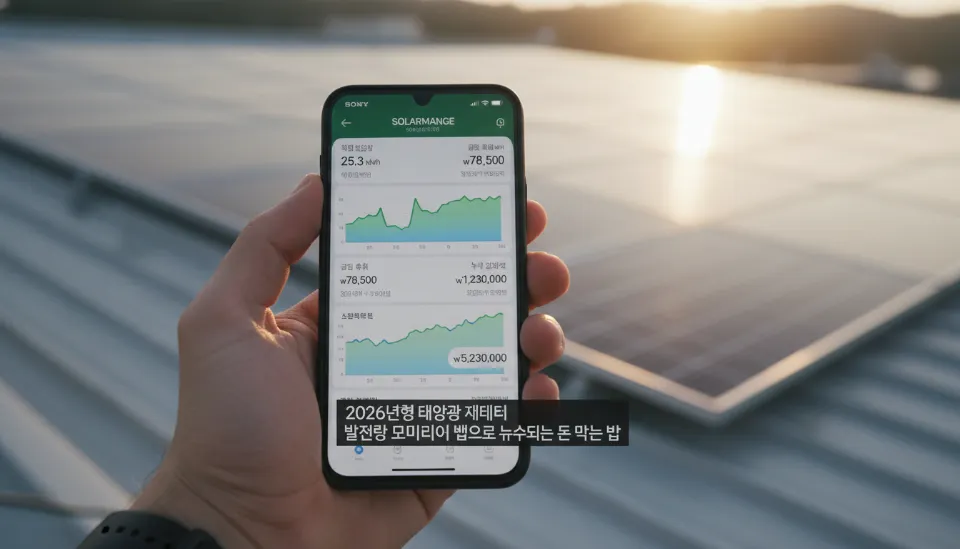 스마트폰 화면에 표시된 태양광 발전량 모니터링 앱의 그래프가 높은 에너지 생산 효율을 나타내고 있는 모습과 배경의 패널