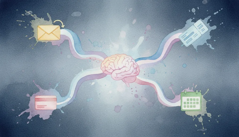 이메일, 신용카드, 캘린더 등 다양한 현실 도구와 연결되어 직접 제어하고 실행하는 에이전틱 AI의 개념도