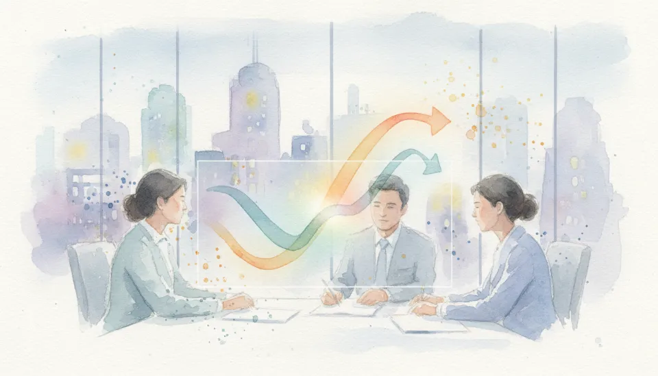 SEO 트래픽의 하락과 에이전트 액션의 급상승을 보여주는 홀로그램 차트를 분석하며 회의하는 2026년 마케팅 전략가들의 모습