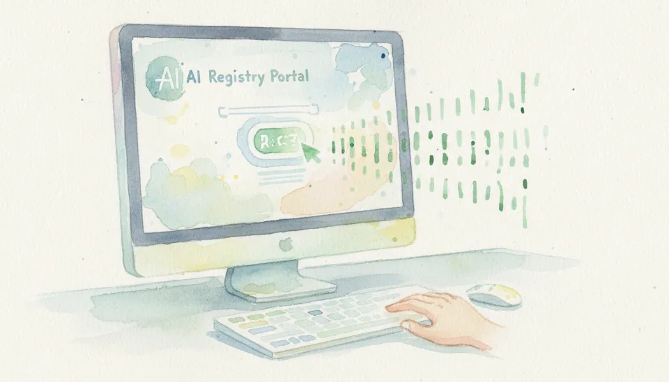 컴퓨터 모니터 화면에 AI 레지스트리 포털의 등록 성공 메시지와 함께 16자리 녹색 AI-ID 코드가 발급된 모습