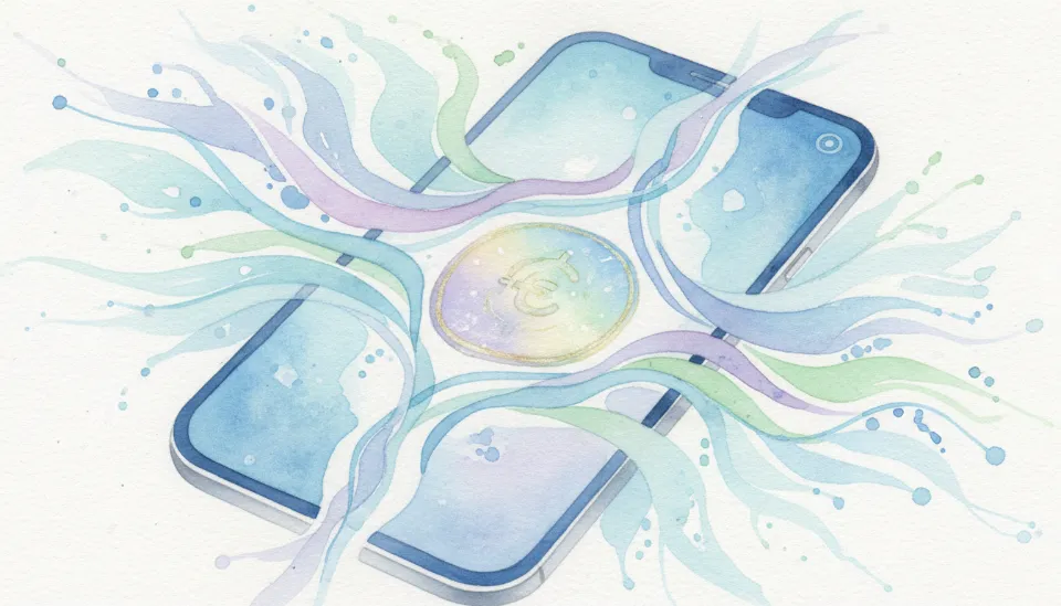 스마트폰 화면에서 디지털 ID와 CBDC 화폐 아이콘이 결합되며 보안 인증이 완료되는 모습을 표현한 일러스트