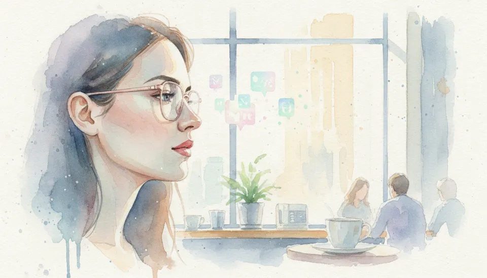 도심 카페에서 세련된 디자인의 초경량 XR 글래스를 착용하고 있는 남성의 측면 모습, 안경 렌즈 너머로 희미하게 보이는 홀로그램 인터페이스