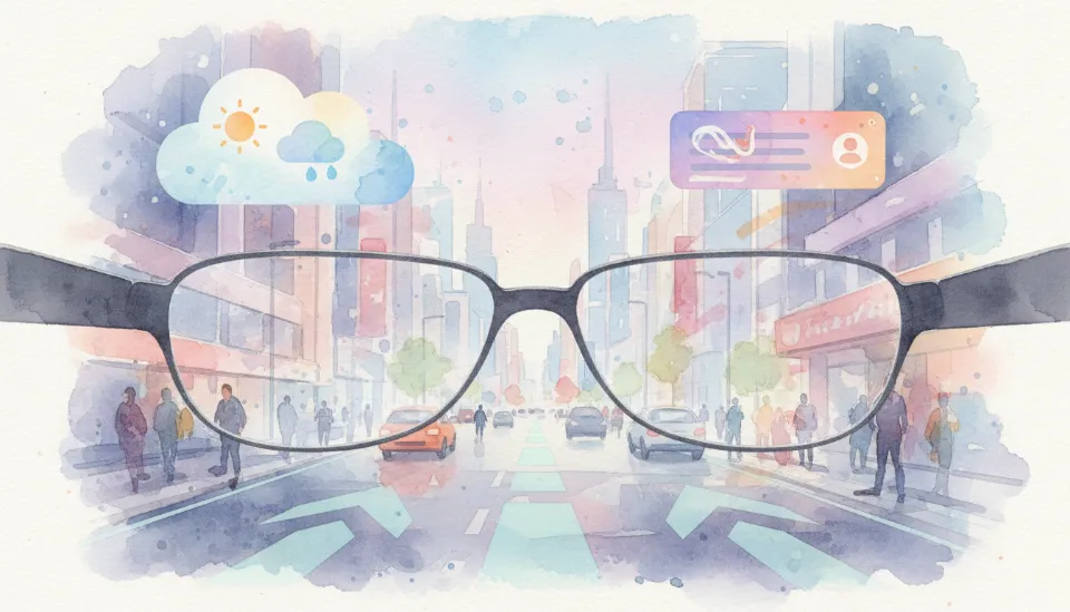 XR 글래스를 통해 바라본 1인칭 시점의 거리 풍경, 도로 위에 표시된 증강현실 내비게이션 화살표와 공중에 떠 있는 날씨 위젯 정보