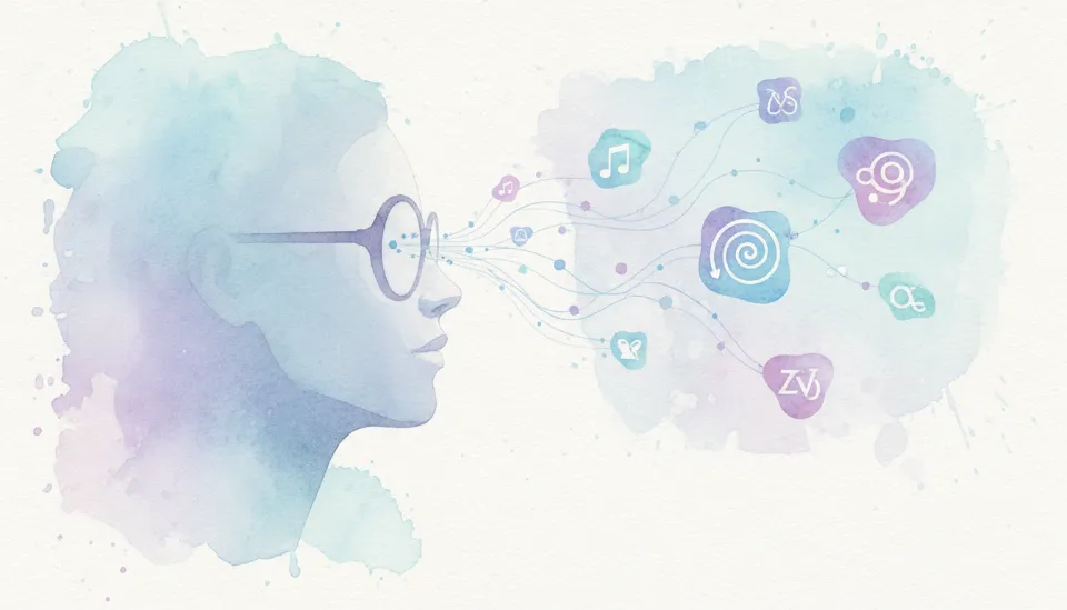 인간의 시각과 연결된 AI 신경망을 추상적으로 표현한 이미지, 글래스 착용자를 중심으로 음악, 지도, 번역 아이콘이 공중에 떠 있는 모습