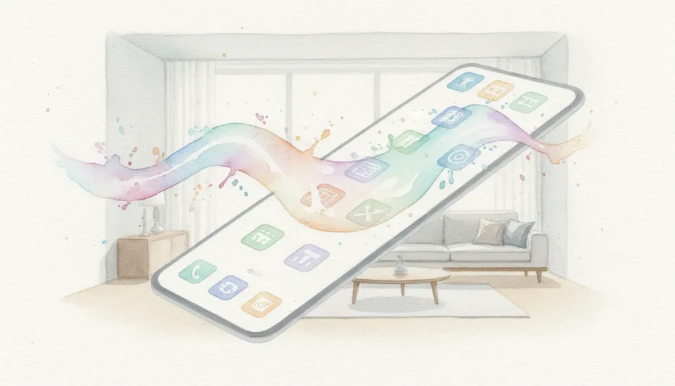 2026년 미래형 스마트폰 화면에서 기존의 앱 아이콘들이 사라지고 유동적인 AI 에너지 파동으로 변환되는 모습을 표현한 제로 UI 개념도