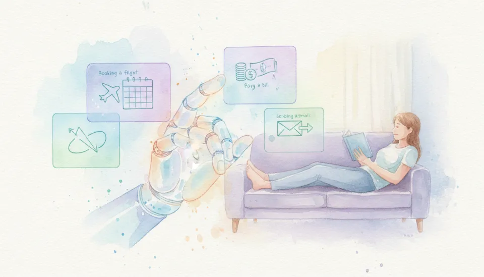 다양한 가상 홀로그램 화면을 동시에 조작하며 항공권 예약과 결제를 수행하는 빛으로 이루어진 AI 에이전트의 손과 이를 편안하게 지켜보는 사용자