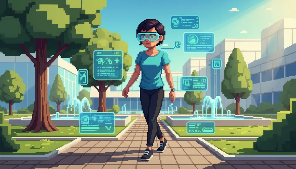 현대적인 도심 공원에서 세련된 디자인의 애플 비전 에어 안경을 착용하고 허공에 떠 있는 디지털 위젯과 상호작용하는 사용자의 모습