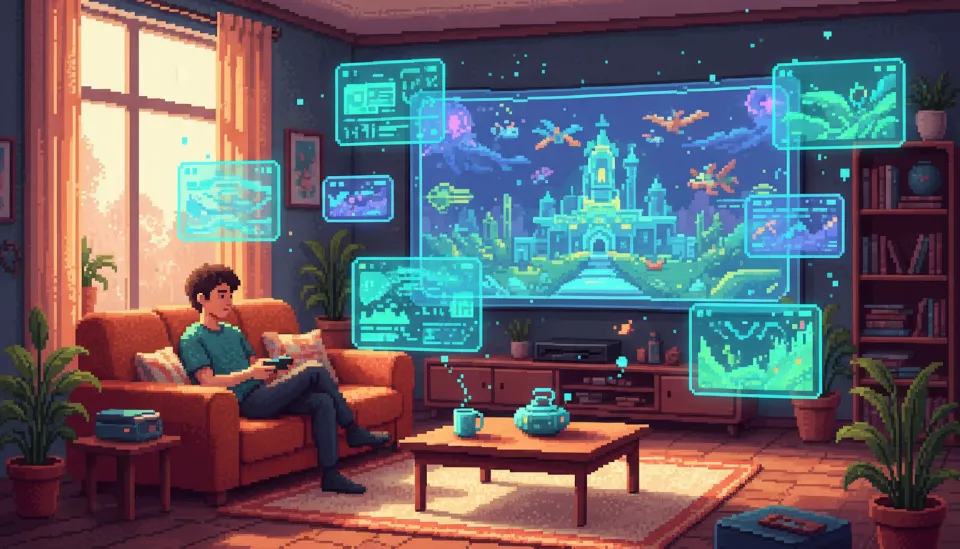 거실 소파에 앉아 비전OS 3.0 인터페이스를 통해 공중에 떠 있는 여러 개의 가상 창과 대형 스크린을 조작하는 홈 시네마 환경