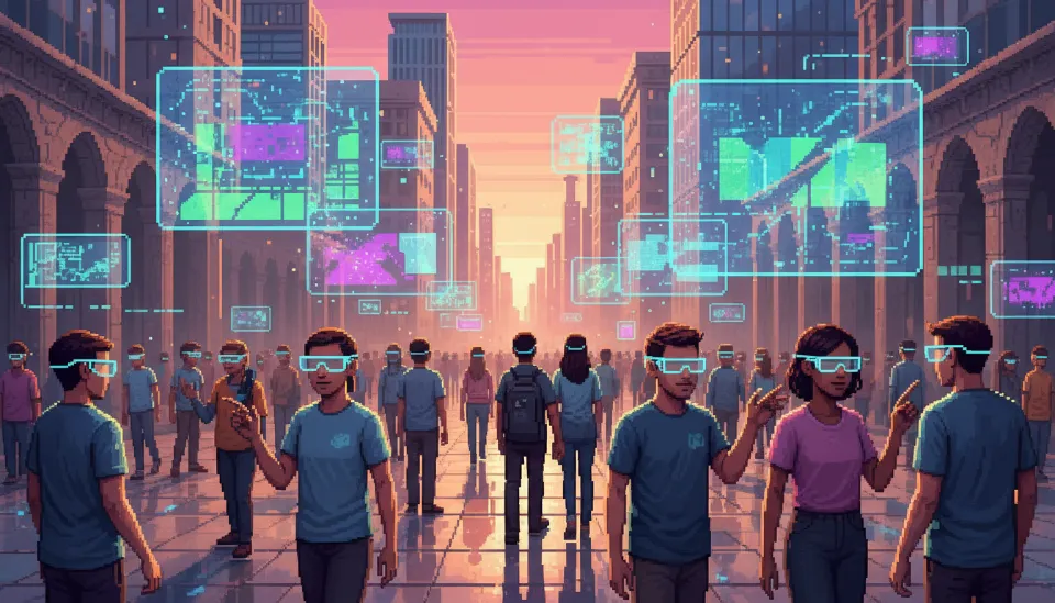 도시 광장에서 비전 에어를 착용한 사람들이 공중에 떠 있는 디지털 예술 작품을 감상하며 소통하는 미래적인 일상 풍경