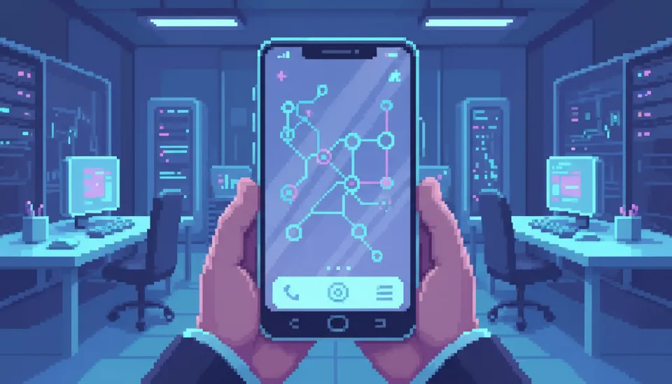 전통적인 앱 아이콘 대신 빛나는 신경망 인터페이스를 보여주는 미래형 투명 디스플레이 스마트폰의 시각적 묘사와 OpenAI OS-1 시스템 이미지