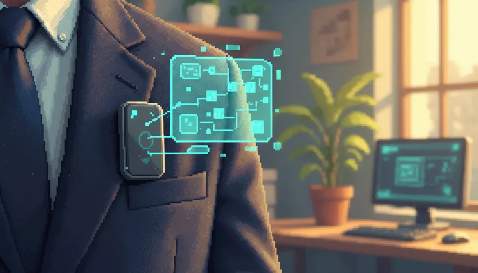 전문적인 정장에 부착된 하이테크 AI 핀이 공중에 홀로그램 인터페이스를 투사하는 모습과 에이전트 컴퓨팅 하드웨어 결합 이미지