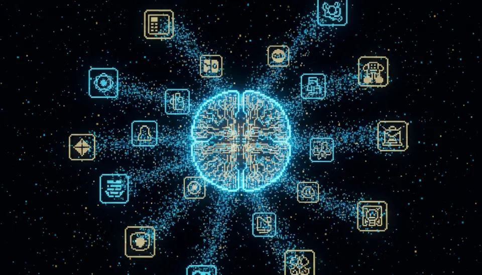 수많은 소프트웨어 아이콘들이 중앙의 빛나는 뇌 형태의 에너지 코어로 흡수되는 디지털 아트와 SaaS 기업의 변화를 상징하는 이미지