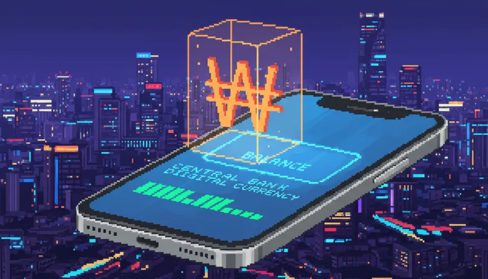 최신 스마트폰 화면에 띄워진 한국은행 디지털 원화(CBDC) 잔액 확인 인터페이스와 홀로그램 형태의 원화 기호