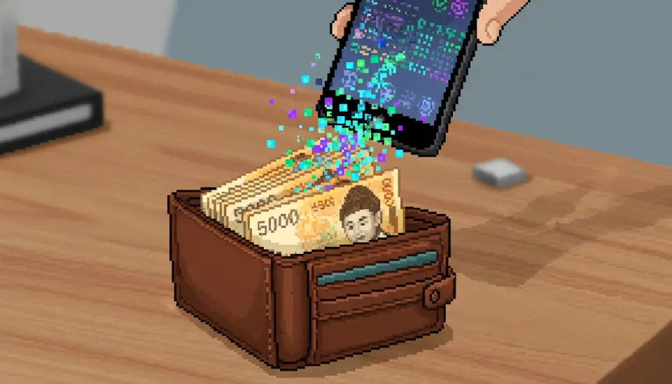 가죽 지갑 속의 5만 원권 지폐가 디지털 픽셀로 변하며 스마트폰으로 흡수되는 현금의 디지털 전환 과정