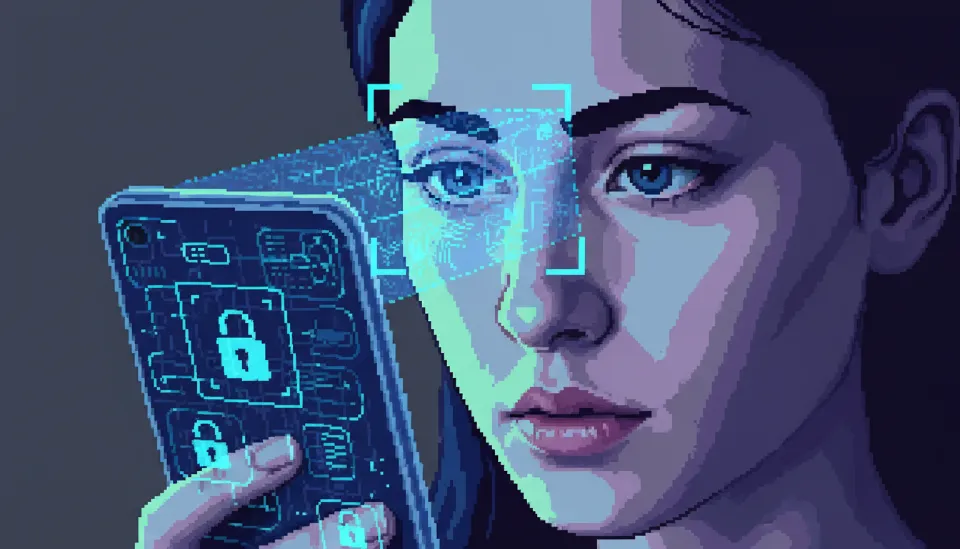 안면 인식을 통해 디지털 원화 결제를 승인하는 모습과 스마트폰 주변의 파란색 보안 격자 그래픽