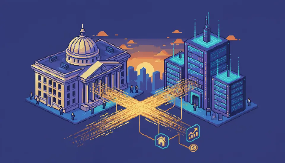 전통적인 증권 거래소와 미래형 데이터 센터를 잇는 이진법 코드의 황금빛 흐름과 디지털 자산 정산 시스템의 시각화