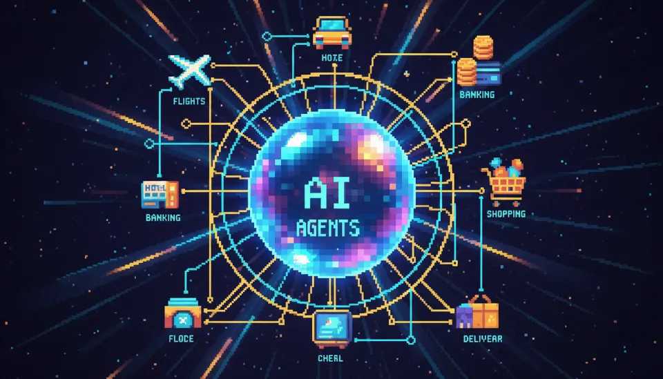 사용자의 명령에 따라 비행기 예약, 뱅킹, 쇼핑 등 다양한 서비스를 자율적으로 처리하는 인공지능 에이전트 컨셉 이미지