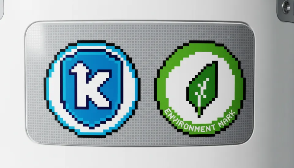 가정용 가전제품에 부착된 K-마크와 환경표지 인증 스티커를 근접 촬영한 이미지