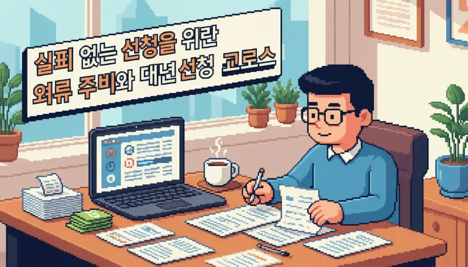 노트북 앞에 보조금 신청 서류와 영수증을 정리하며 지자체 홈페이지에 접속해 있는 모습