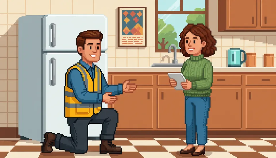 가정용 음식물 처리기 설치 상태를 확인하며 사용자에게 사후 관리 규정을 설명하는 현장 점검 모습