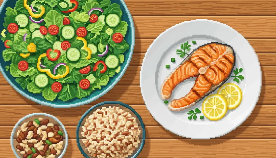 식이섬유가 풍부한 샐러드와 단백질 위주의 연어 구이로 구성된 거꾸로 식사법의 표본이자 당뇨 전단계 관리를 위한 건강 식단