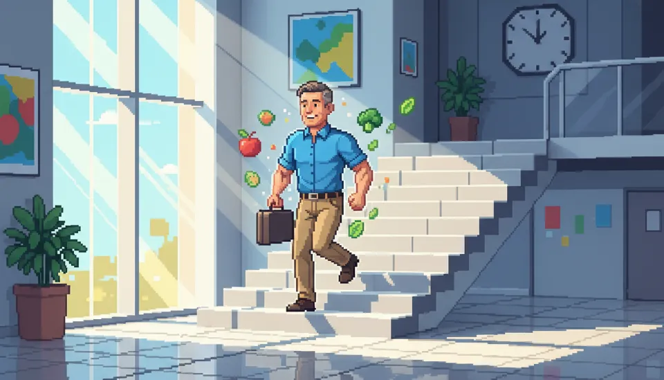 식사 후 혈당 스파이크를 방지하기 위해 계단을 오르며 하체 근육을 사용하는 40대 남성의 건강한 생활 습관