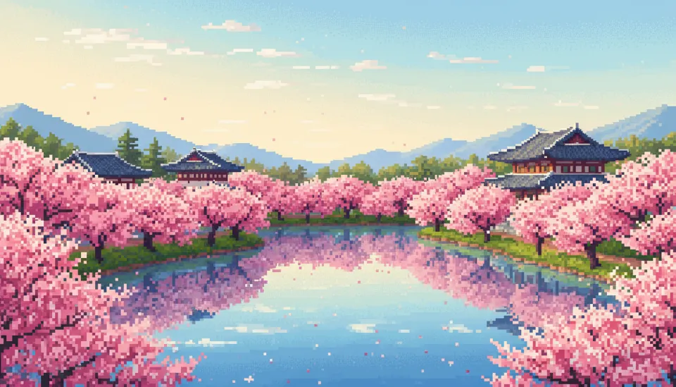 분홍빛 벚꽃이 만개한 경주 보문호수 산책로와 멀리 보이는 전통 기와 건물이 어우러진 봄 풍경