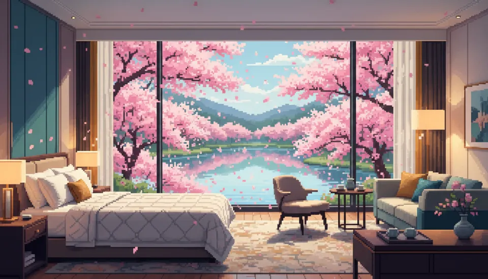 호텔 객실 통창 너머로 펼쳐지는 경주 보문호수의 화려한 벚꽃 경치와 아늑한 침실 내부 모습