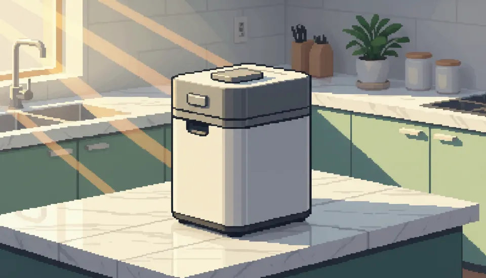 화이트 톤의 현대적인 주방 조리대 위에 설치된 미생물 방식의 가정용 음식물 처리기 외관