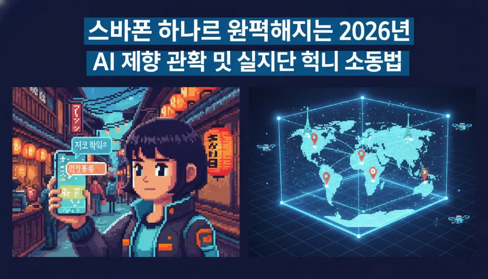 스마트폰의 증강 현실 기능을 이용해 해외 식당 메뉴판을 실시간 번역하고 AI 여행 일정을 확인하는 장면
